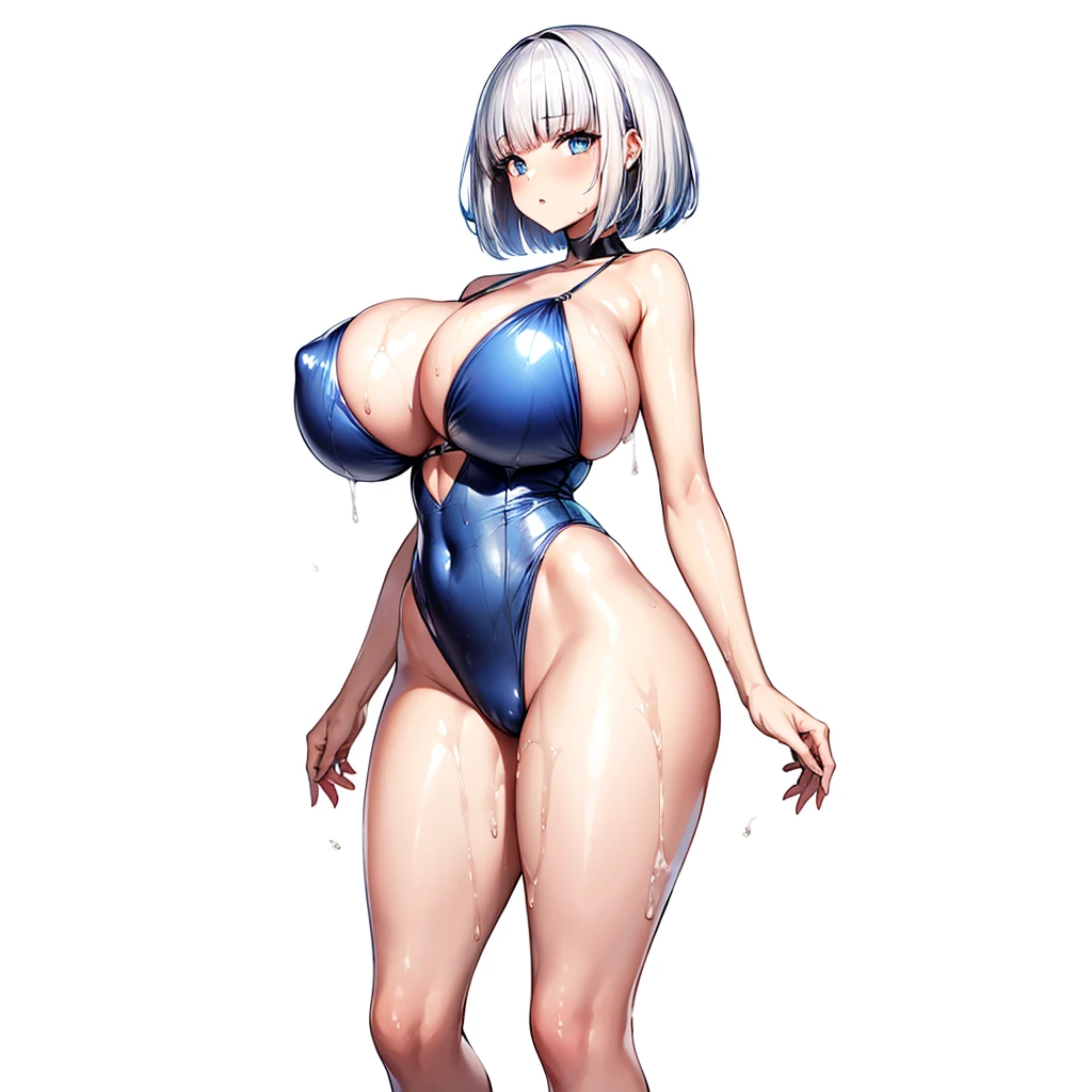 Metallic Colorful swimsuit,1girl,front view,Facing forward,looking at viewer,anime colored,full body,(gigantic breasts),wet,shiny Skin,{bob cut!!,blunt bangs},white background