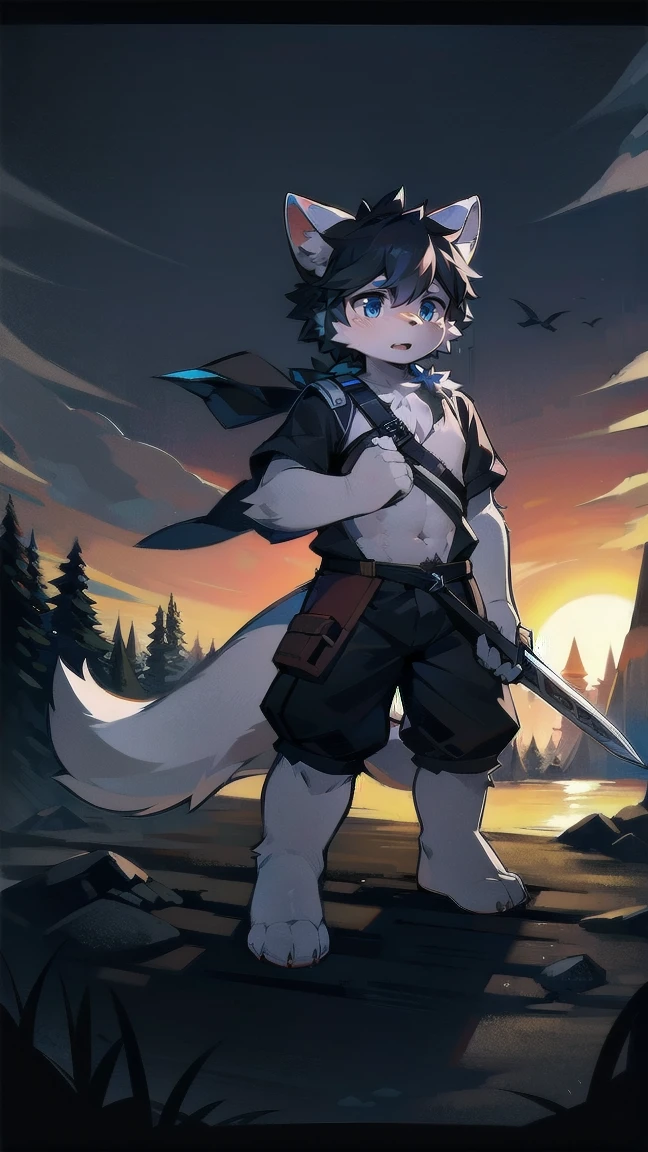 White Wolf,black hair,Sky blue eyes,hairy,Wolf ears,Wolf tail,Full body portrait,The character is in the center of the frame,Handsome,Confident eye***but,juvenile,Black and white combat uniform,Red neck bib,Black shorts,Short sleeve,hairy arms and legs,Dark background,Dark battlefield,dawn,sunrise,dawn,illumination,shadow,Swordsman,Scabbard and Hold the hilt of a in your hand,The scabbard is at the waist,Highest quality,A tall stature