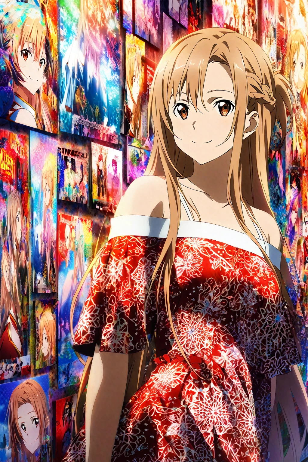1girl, Asuna,Sword Art Online,long straight light brown hair, light brown hair, brown eyes, wearing white and red dress, off-shoulder, intricate patterns, turning head, smiling, front view, warm lighting, background full of posters and pictures, high image quality, detailed, saturated colors, sexy elements, gentle and charming