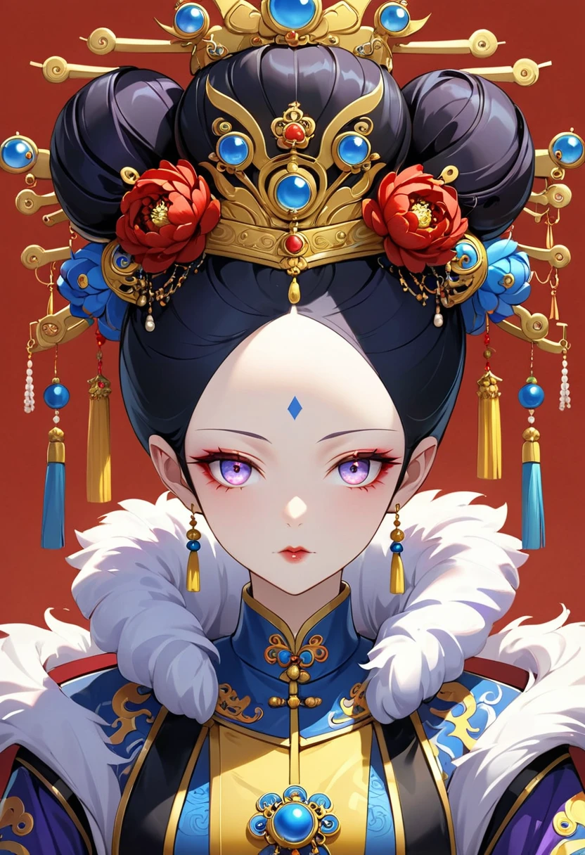 Solemn girl portrait,symmetry,Round Face,Bright Eyes,Smooth skin,Red peony headdress,Elegant and luxurious,Wealth,Gorgeous black and gold costumes,Chinese Qing Dynasty flag costumes,Selfish,Chinese Emperor,High bun,Gorgeous golden crown,tassel,palace,Clean background,(((Wu Zetian,Empress))),Fur collar cape,Pearl tassels,Pearl Makeup,Red background