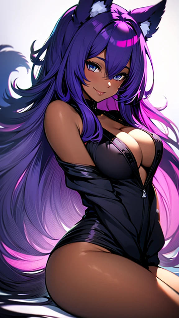 Masterpiece, nude dark-skinned woman, with cat ears and fox tail, smiling, lying on her side (very detailed), sideways, sideways photography, wearing G-string panties, panties stretched to waist, panties purple, big ass, full breasts, thick and toned thighs, no bra, breasts showing, breasts showing, squeezing the breasts with the hand, covering the nipples with the hand, long hair, purple hair, in a sensual look, sexy position , solid bottom, high butt, Extremely detailed contrast and solid colors