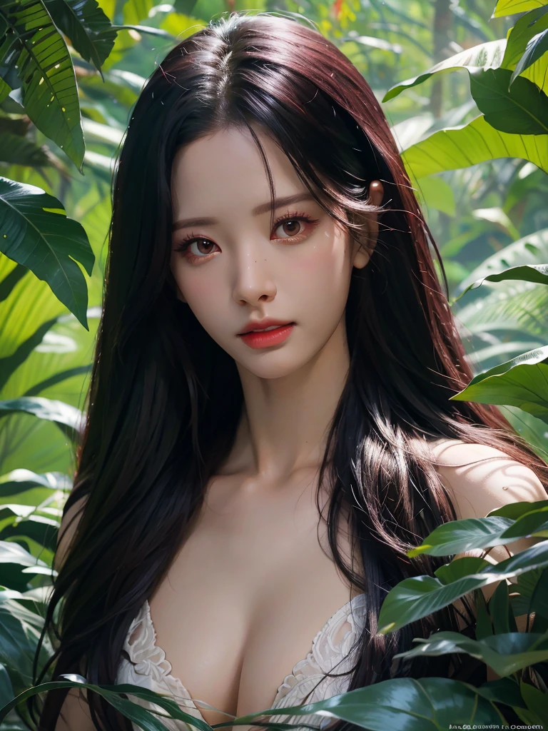 tarzan, jungle waterfall, red, naked, black hair, small breast, extremely detailed eyes, extremely detailed face, best quality, extremely detailed, one person, one girl, ultra-detailed, (realistic, photo-realistic:1.3)
