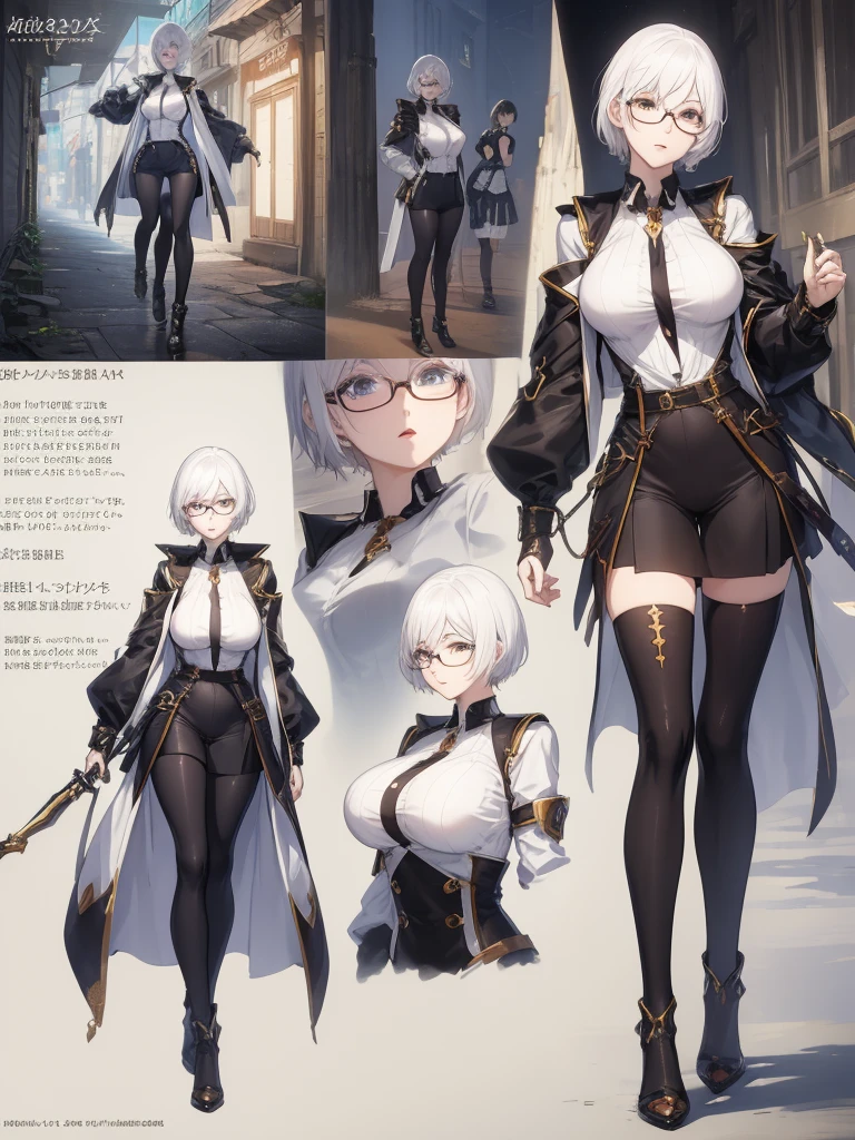 Concept art of anime character, young woman, 21 years old, white short hair, glasses, huge breasts, white fashion shirt, brown open sweater, leggings, full body, two poses, one dynamic pose,  one static pose