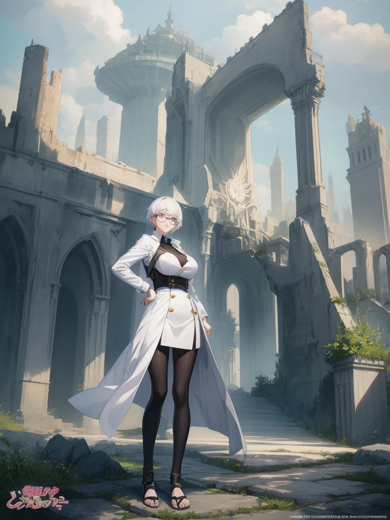 Concept art of anime character, young woman, 21 years old, white short hair, glasses, huge breasts, white fashion shirt, black leggings, full body, two poses, one dynamic pose,  one static pose