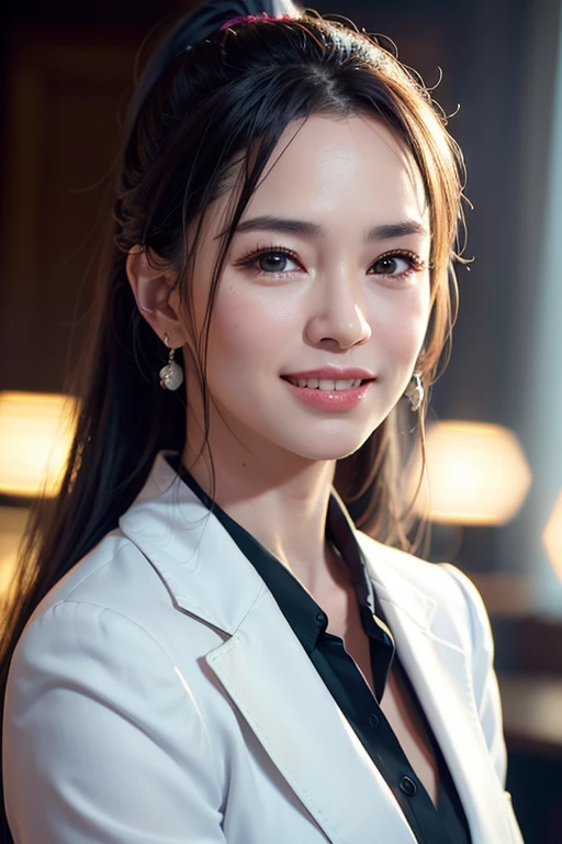a gorgeous middle-aged busty woman, ponytail, blazer, beautiful smile showing teeth, pov, lover, cinematic lighting, (best quality,4k,8k,highres,masterpiece:1.2),ultra-detailed,(realistic,photorealistic,photo-realistic:1.37),HDR,UHD,studio lighting,ultra-fine painting,sharp focus,physically-based rendering,extreme detail description,professional,vivid colors,bokeh,portrait,photorealistic,cinematic,dramatic lighting