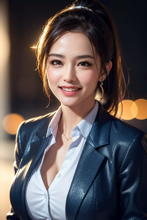 highest quality, masterpiece, Ultra-high resolution,(((Face Focus:1.6))) (Realistic:1.6), 22 years old,(Portrait of a kneeling girl) RAW Photos, 1 girl, ((kpop makeup)),((Navy blazer and blue checked mini skirt)),((Ponytail and hair tie)),,((Looking up at the audience)),Realistic,((background)), Image Media Chest)),((Smiling with teeth showing)),