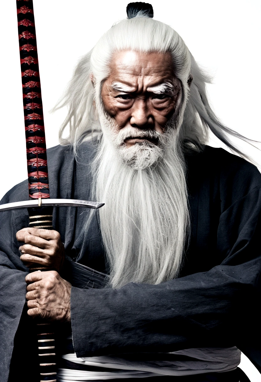 Historical, a old man, Samurai,battered,of a shirtless, Japanese Katana Sword, Long white hair, Long white beard，samurais,Grandpa, Burst，Knelt，Seppuku kills yourself