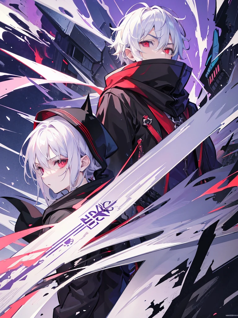 A front of a young man with white hair, red eyes and masculine face. Wearing a black hoodie with purple details. he is in a destroyed city, totally empty. Dungeons and Dragons art direction, studio ghibli Style, light brushstrokes