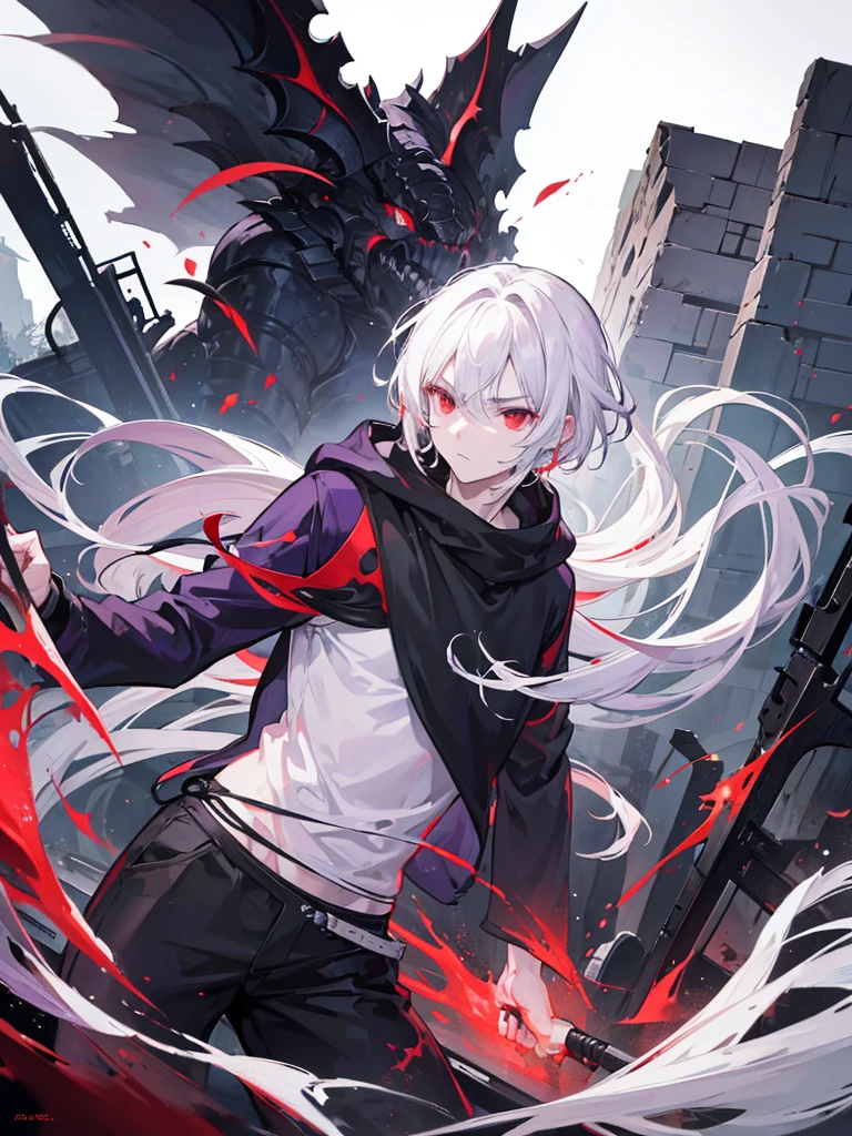 A front of a young man with white hair, red eyes and masculine face. Wearing a black hoodie with purple details. he is in a destroyed city, totally empty. Dungeons and Dragons art direction, studio ghibli Style, light brushstrokes