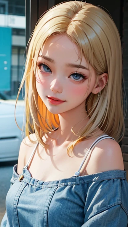 blush a little and smile, (Top quality masterpiece:1.2) Delicate illustrations, Very detailed, /Beautiful Japanese Women、1 person,Very cute and slim、Great style 、((8K images、super high quality))、Very delicate face, Skin and Hair、beautifule forehead、Red lipstick、(((((Mid-length hair、Blonde))))),Very cute Japanese cut face、Eyes and nose are clearly visible、Kind eyes,((((Casual Fashion))))
