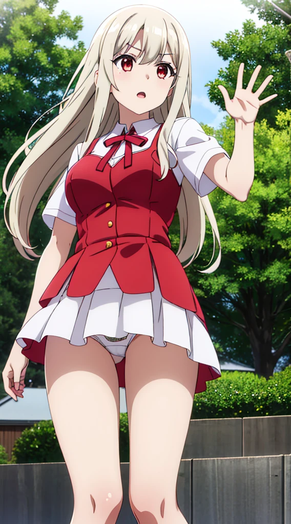 Without skirt、Without skirt、White underwear、In underwear、Panties in full view、White panties、 1, 1girl, asahina mikuru, long hair, kita high , solo, short sleeves, red ribbon, large breasts, cowboy shot, waving, outdoors, Underwear in full view、スカート無し