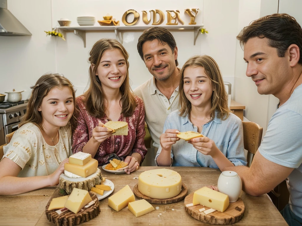 family of ((adult man and woman who are (over 45 years old)) and ((children boy and girl (12 years old each)) sitting at the table with food, Eating cheese, Warm and joyful atmosphere, shutterstock, stock image, stock image, stock image, promotional image, useful image, promotional photo, good morning, Family dinner, photo stop, delicious, cheese on the table, stock, artistic interpretation, slice of life, on trend, youtube thumbnail, portrait shot, Noon