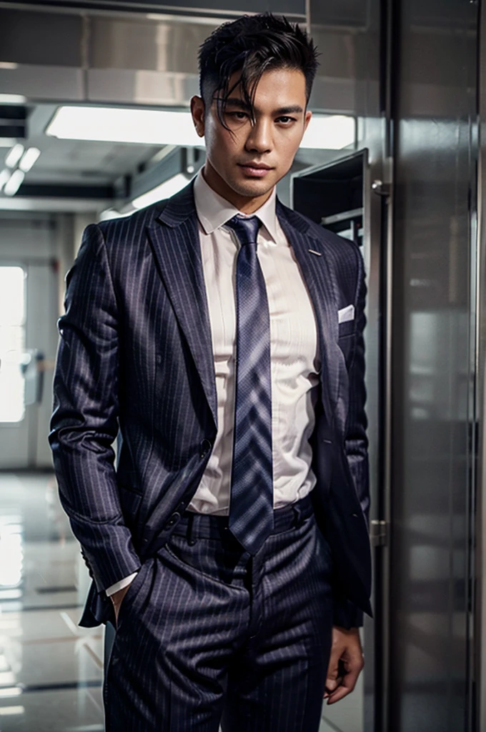 (Two 40ys asian handsome high fade hair hot gay men), in shiny pinstripes stripes sharp suit with silk tie, 8K, Ultra H
