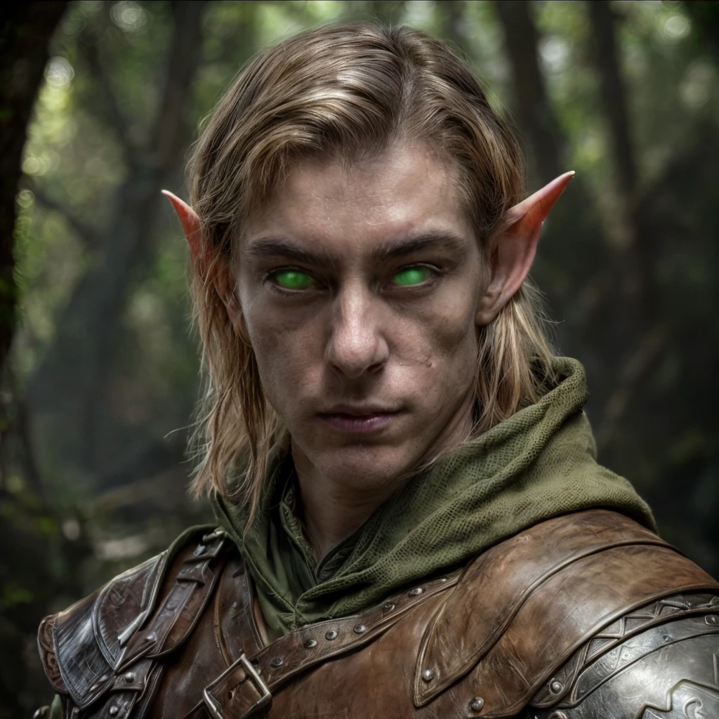 (masterpiece)+, (extremely (realistic)+,a portrait of an extremely ugly young male elf ranger, green alien sectoid eyes, Wearing leather armor, extremely sharp facial features, bad skin, scars, skin imperfections, angry proud stare. Looking in camera. volumetrics dtx, Photorealistic, ultra detailed, Artstation trending, very very detailed, realistic shaded lighting, dynamic shadows, detailed dark alley background, upper body, professional photograph of a detailed skin, sharp focus, dramatic, award winning, cinematic lighting, octane render, unreal engine, volumetrics dtx, Photorealistic, ultra detailed, Artstation trending, very very detailed, hyperrealistic, fine details, realistic shaded lighting, dynamic shadows, Dark alley background, add_detail:1, skin pores and wrinkles, details.,More Reasonable Details