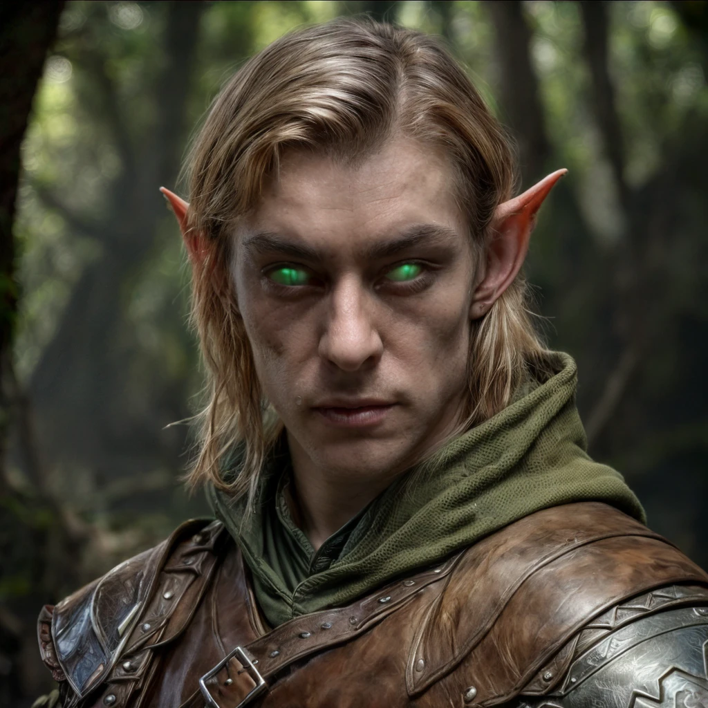 (masterpiece)+, (extremely (realistic)+,a portrait of an extremely ugly young male elf ranger, green alien sectoid eyes, Wearing leather armor, extremely sharp facial features, bad skin, scars, skin imperfections, angry proud stare. Looking in camera. volumetrics dtx, Photorealistic, ultra detailed, Artstation trending, very very detailed, realistic shaded lighting, dynamic shadows, detailed dark alley background, upper body, professional photograph of a detailed skin, sharp focus, dramatic, award winning, cinematic lighting, octane render, unreal engine, volumetrics dtx, Photorealistic, ultra detailed, Artstation trending, very very detailed, hyperrealistic, fine details, realistic shaded lighting, dynamic shadows, Dark alley background, add_detail:1, skin pores and wrinkles, details.,More Reasonable Details