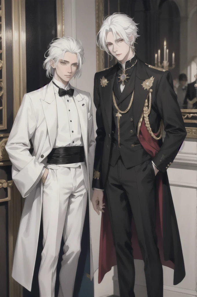 anime boy with white hair and black jacket , boy with white hair, prince, wearing gold jewelry, ducal clothes, in a castle, standing figure, brown eyes, elegant