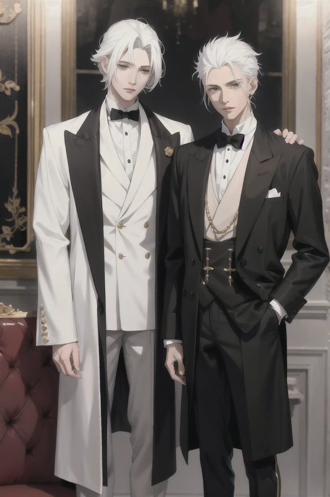 anime boy with white hair and black jacket , boy with white hair, prince, wearing gold jewelry, ducal clothes, in a castle, standing figure, brown eyes, elegant