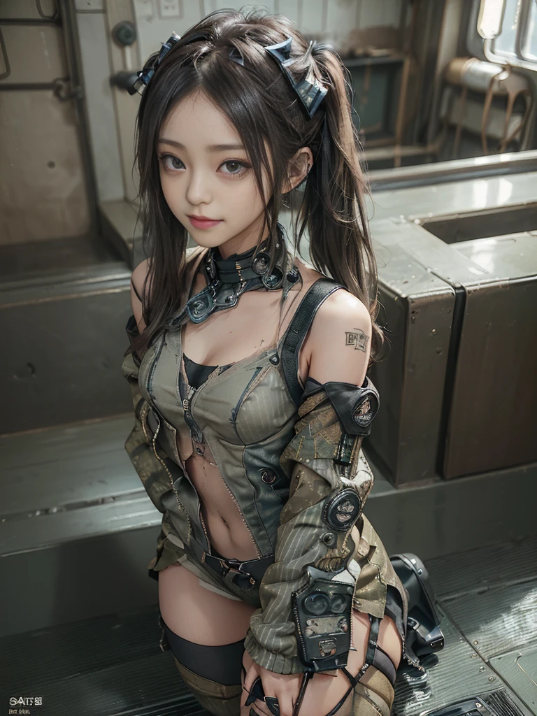(Full Body View:1.2)、(Side view:1.1)、(Please smile with your teeth showing:1.3),(Shibuya Gal:1.5)、(Gothic Lolita style fashion:1.5)、(Tattered khaki and gray futuristic micro high leg bodysuit:1.5)、(Tattered Khaki and Moss Green Micro Fancy Sleeves:1.5)、(Tattered khaki micro shorts:1.5)、(Brown and khaki knee socks:1.3)、(camouflage:1.3)、(Military jacket:1.4)、Brown boots、Khaki gloves、internal、(The underwear is striped:1.4)、23 years old、(do a gravure pose:1.3)、((Highest quality、8K、masterpiece:1.3))、One girl、The beauty of slim abs:1.3、(Hairstyle Casual、Big Tits:1.1)、dress:1.1、Super small face、Narrow eyes、double eyelid、Laughter、Esbian all over、Dynamic Angle、Close-up、CPL Filter、Blurred Background、Bokeh、Blue Hour、Detailed face and skin texture、Detailed Eyes,(Twin tails:1.3)、(Brown-golden hair:1.4)、Gravure idol pose、(The background shows a futuristic hovercraft bike flying through the air.:1.3)、(The body is slim:1.2),(Slim legs:1.4),(clavicle:1.1)