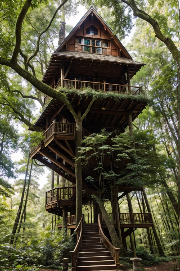 nearby trees to weave together, their branches and leaves forming a grand, fairytale-like treehouse high above the ground. It was a majestic structure with spiraling staircases, cozy nooks, and large windows that overlooked the forest.
