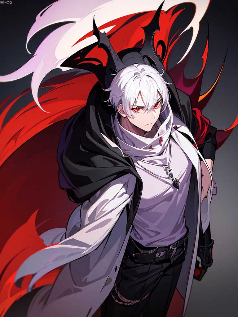 A front of a young man with white hair, red eyes and masculine face. Wearing a black hoodie with purple details. he is in a destroyed city, totally empty. Dungeons and Dragons art direction, studio ghibli Style, light brushstrokes