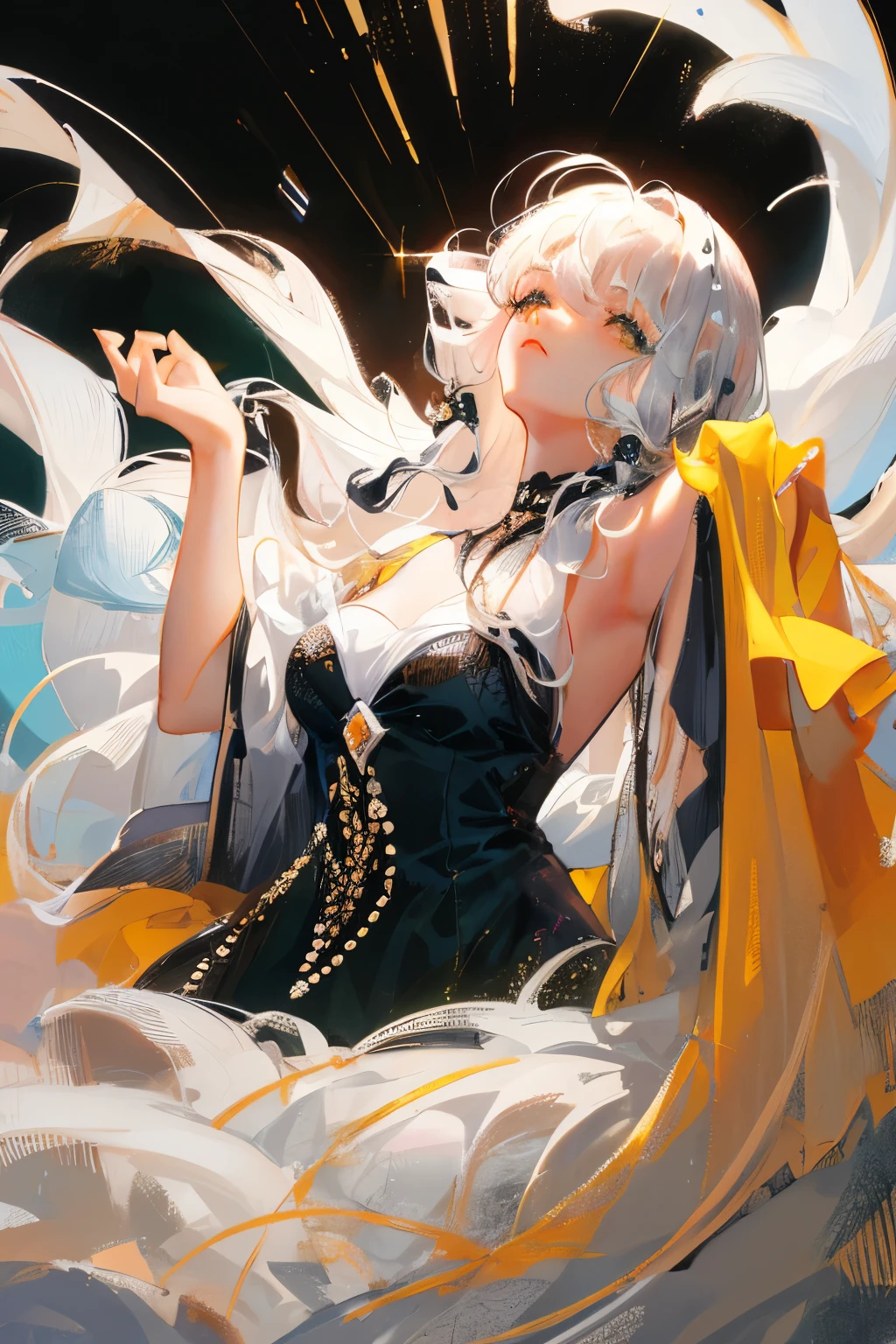 ((masterpiece, superb, Very detailed, high resolution)), Solitary, beautiful girl, Bright Eyes, Perfect eyes, , Black and white gold theme,