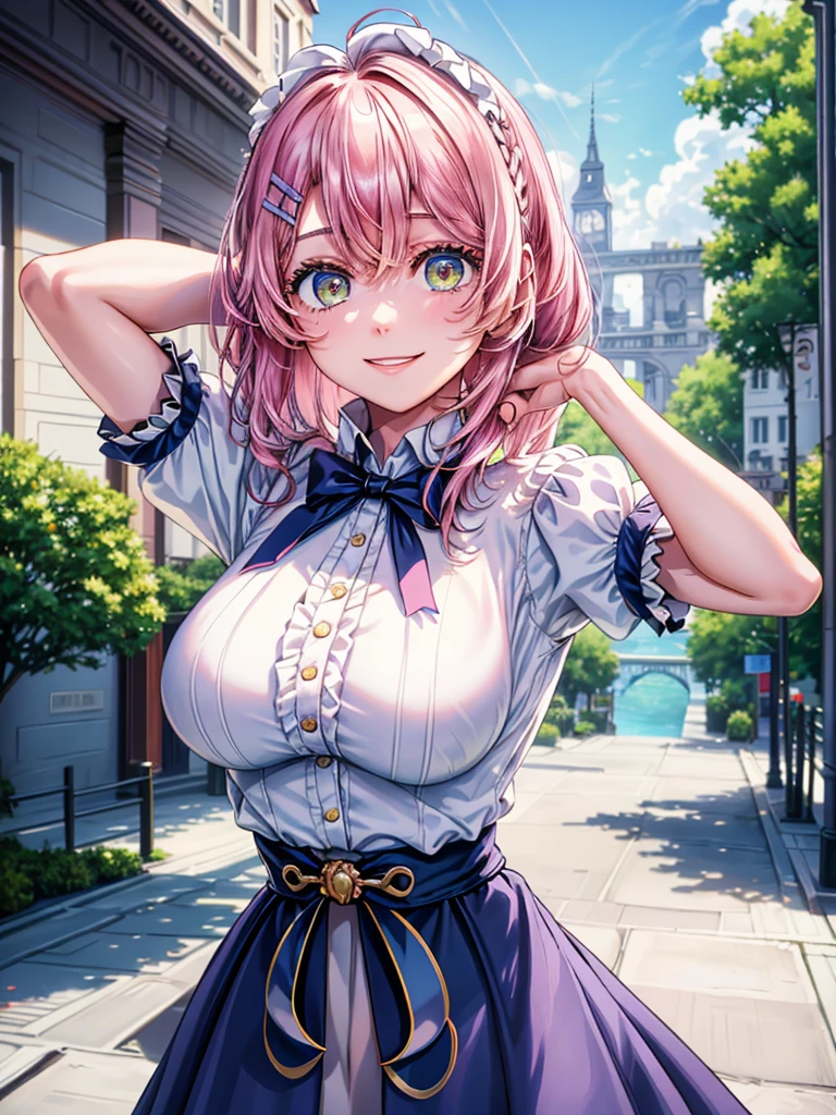 best image quality, (masterpiece:1.2), ultra detailed, exquisite, cowboy shot, high quality, Beautiful art, One Girl, looking at viewers, (leaning forward:1.5), arms behind back,  ((18 years old, Big Breasts, Giant bust:1.2)), fair skin, beautiful skin, Detailed teeth, Light green eye rest, Meticulous Eyelash Details, twinkle(in the eyes), Pastel pink French Braid, thin, smile, Heartily laugh, Fashionable clothes、(white ruffled blouse:1.1)、White collared goss shirt, (dark blue high-waist skirt:1.5), (Short sleeve shirt:1.1), from above, 