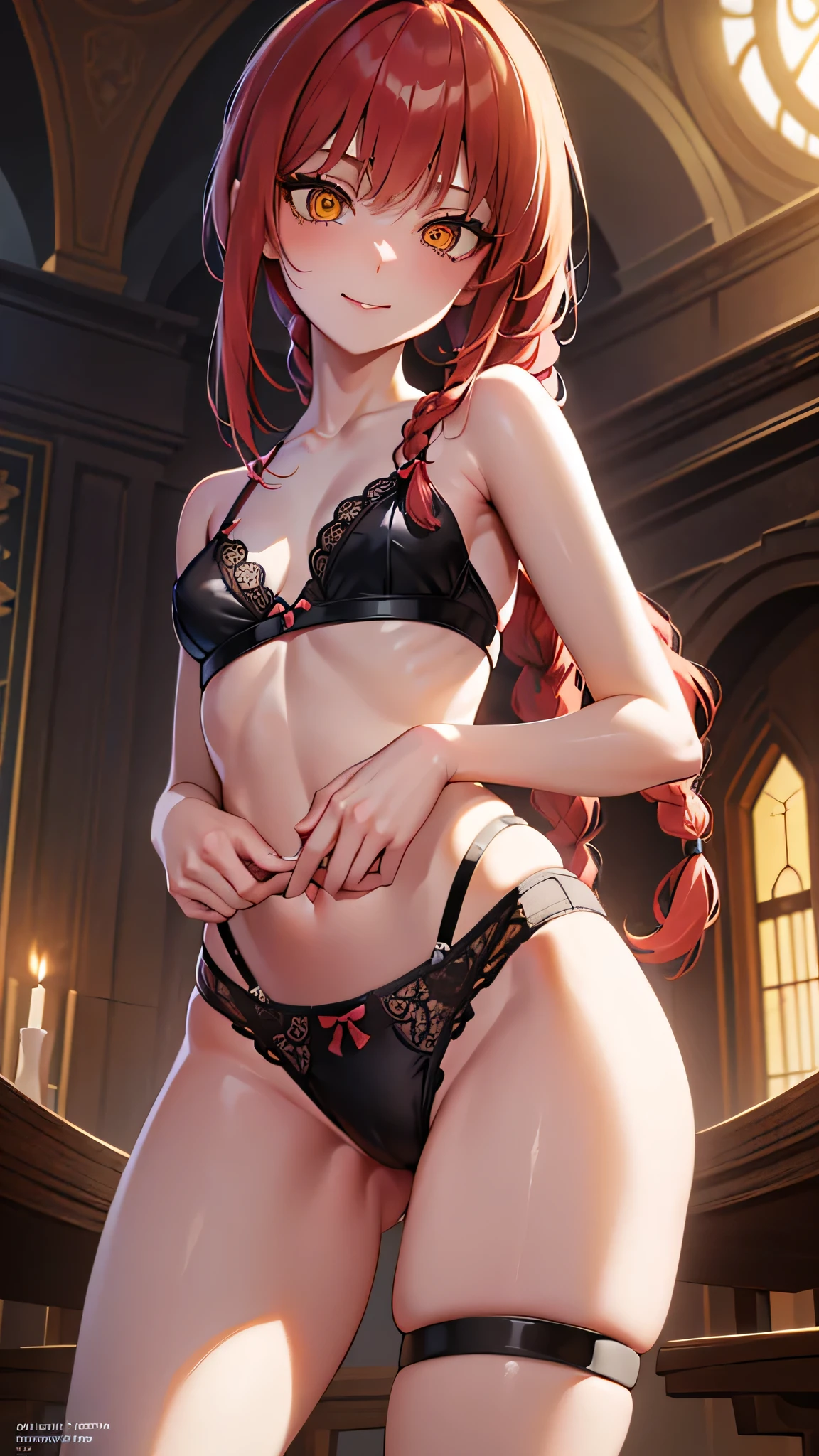 Masterpiece, top quality, best quality, official art, beautiful and aesthetic, anime, 1girl,extremely detailed, colorful, more detailed ((ultra-detailed)), (highly detailed CG illustration),Best Quality, High resolution, Unity 8k Wallpaper, (Illustration:0.8), (Beautiful detailed eyes:1.6), extra detailed face, Perfect Lighting, extremely details CG, (Perfect hands, Perfect Anatomy), makima, long hair, smile, bangs, (small breasts:1.2), (yellow eyes:1.2), braid, red hair, braided ponytail, ringed eyes,navel, cleavage, underwear, collarbone, panties, thighs, black panties, underwear only, lingerie, black bra,stockings, stocking suspenders, from below, bend over, in middle of church, benches,candles, dark light,