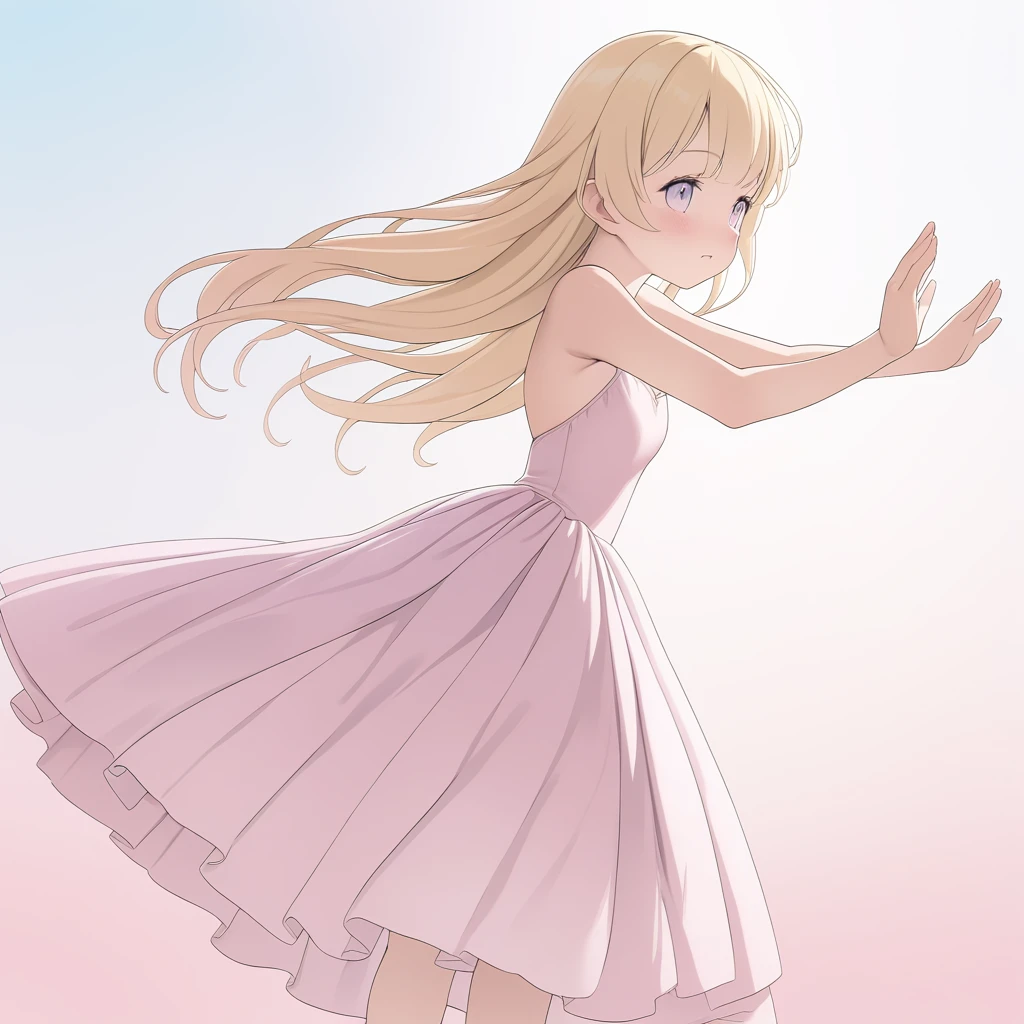 A beautiful young blonde girl in a long flowing dress, dancing gracefully in a ballet pose, with a dreamy, whimsical expression, surrounded by a soft, pastel-colored anime-style background, highly detailed, photorealistic, 8k, masterpiece