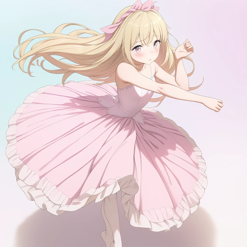 A beautiful young blonde girl in a long flowing dress, dancing gracefully in a ballet pose, with a dreamy, whimsical expression, surrounded by a soft, pastel-colored anime-style background, highly detailed, photorealistic, 8k, masterpiece