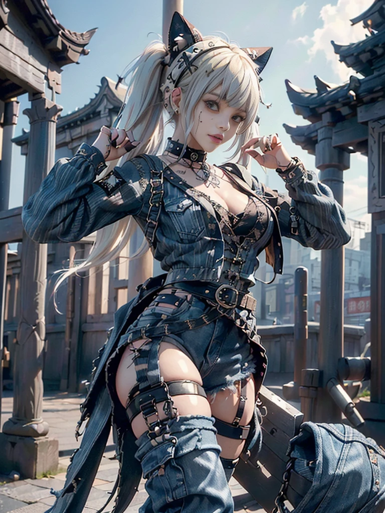 (Full Body View:1.3)、(Beautiful lips and nose:1.4)、(Long eyelashes:1.4)、(Side view:1.1)、(Smiling with teeth showing:1.3),(Shibuya Gal:1.5)、(Gothic ta delicately decorated dress:1.5)、(Tattered denim and black punk rock cargo pants:1.5)、(Denim and black navy skull mark small jacket:1.4)、(denim garter belt:1.5)、(Black and denim knee socks:1.3)、(Skull Silver Accessories:1.5)、(Denim collar:1.3)、(Brown Skin Belt:1.4)、(Brown boots:1.2)、(The underwear is striped:1.4)、31 years old、((Highest quality、In 8K、masterpiece:1.3))、Sharp focus:1.2、(Layered Cut、Huge boobs:1.1),Beautiful woman with perfect figure:1.4、(Dancing vigorously:1.3)、Slender Abs:1.2、Highly detailed face and skin texture、Detailed eyes、double eyelid,(Twin tails:1.3)、(Cream colored hair:1.3)、Gravure idol、(The background is a gorgeous temple in the sky:1.3)、(Slim body:1.2),(Make your legs thinner:1.4),(clavicle:1.1)