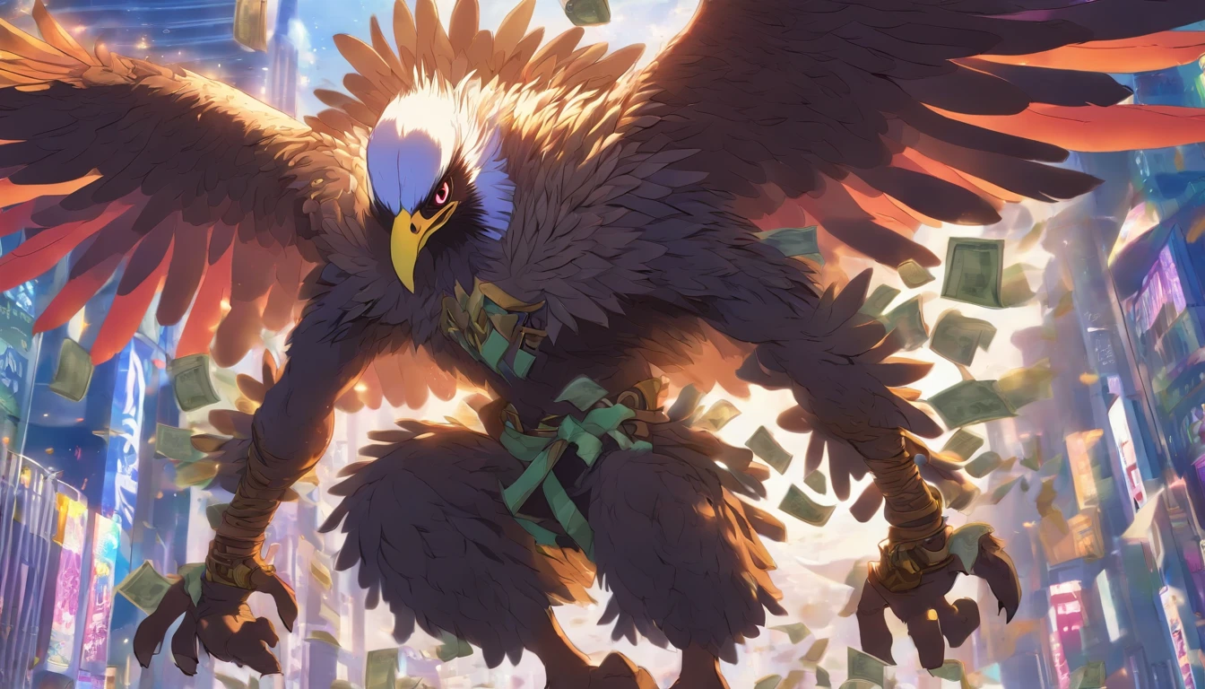 A pix vulture carrying money on its paws, it is super muscular and half humanoid 