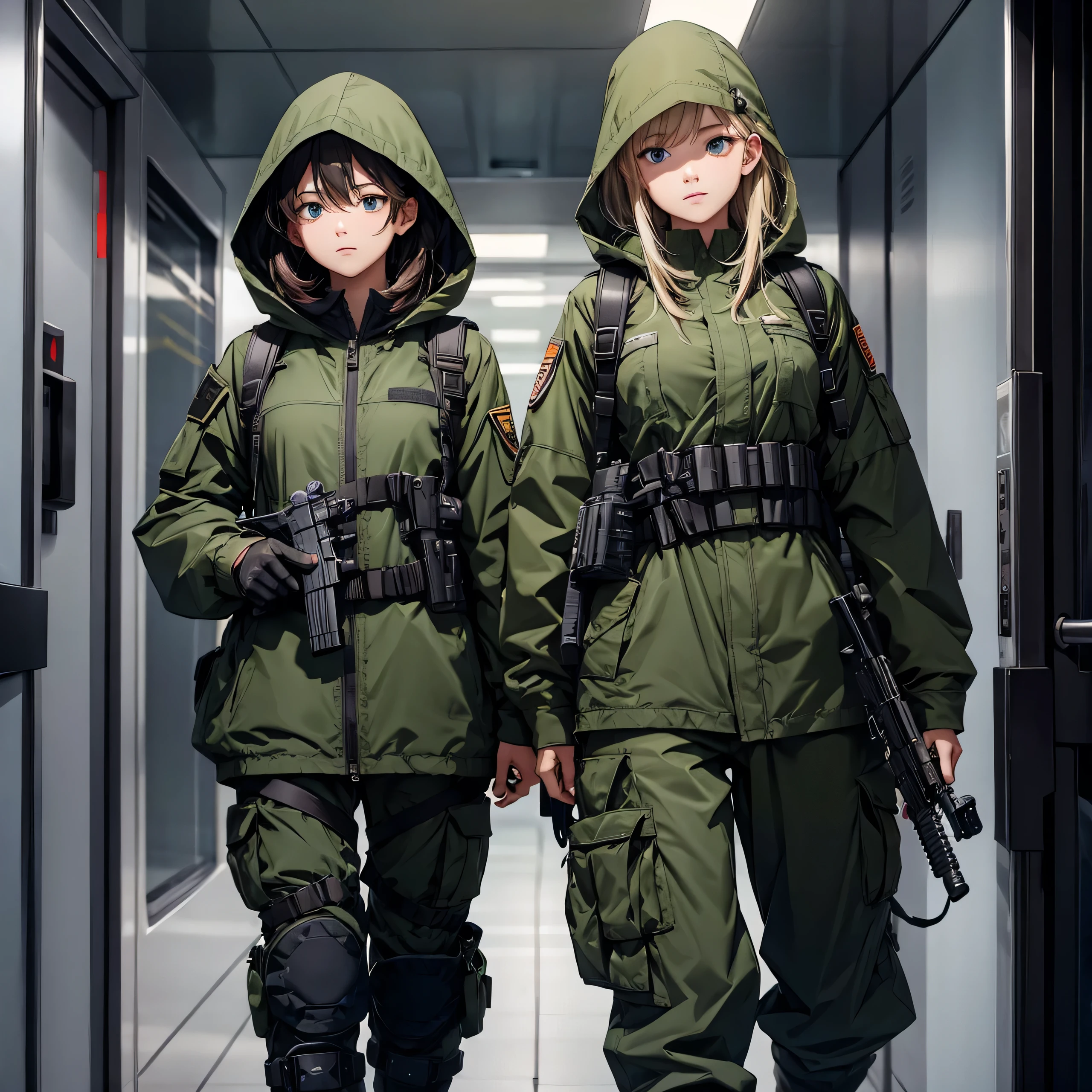 Two female soldiers dressed in the same way guard the elevator，Dark green M-51 hooded combat uniform，Hooded on head、Holding a submachine gun in both hands、Tactical harness、Magazine Pouch、Knee pads、Military Pants、Only show above thigh、best quality、Very detailed、8K