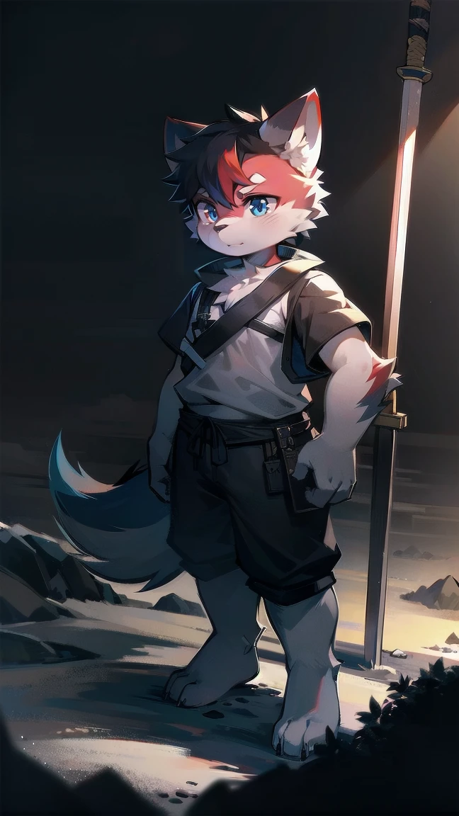 White Wolf，black hair，Sky blue eyes，hairy，Wolf ears，Wolf tail，Full body portrait，The character is in the center of the frame，Handsome，Confident eye***but，juvenile，Black and white combat uniform，Red neck bib，Black shorts，Short sleeve，hairy arms and legs，Dark background，Dark battlefield，dawn，sunrise，dawn，illumination，shadow，Swordsman，Scabbard and Hold the hilt of a in your hand，The scabbard is at the waist，Highest quality,A tall stature