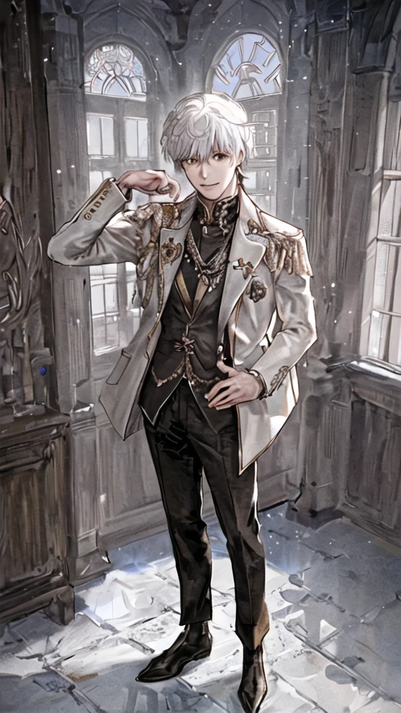 anime boy with white hair and black jacket , boy with white hair, prince, wearing gold jewelry, ducal clothes, in a castle, standing figure, brown eyes, elegant