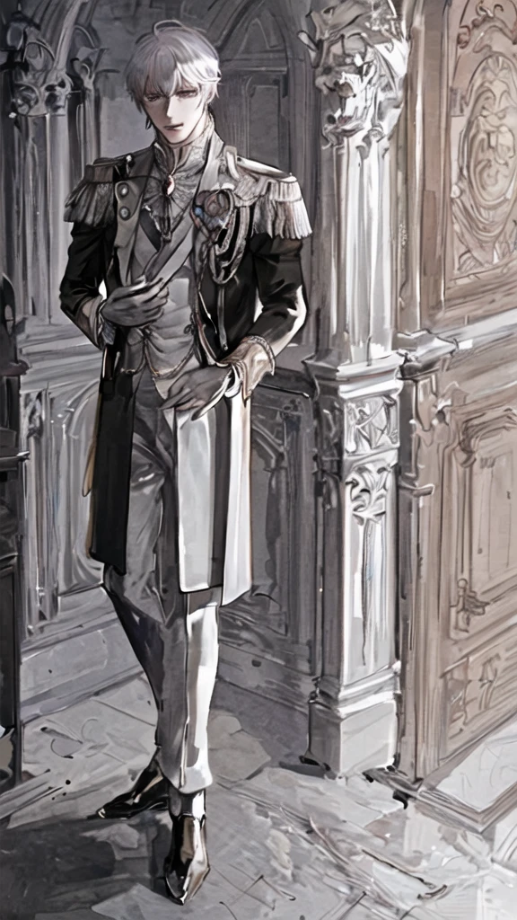 anime boy with white hair and black jacket , boy with white hair, prince, wearing gold jewelry, ducal clothes, in a castle, standing figure, brown eyes, elegant