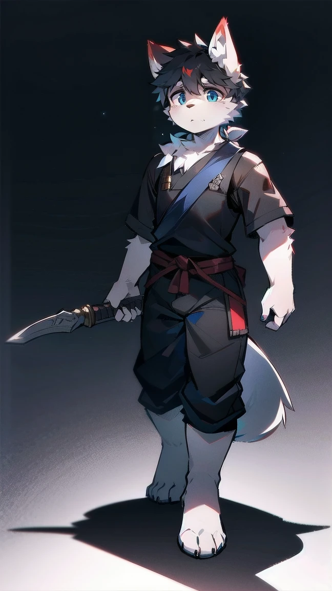 White Wolf,black hair,Sky blue eyes,hairy,Wolf ears,Wolf tail,Full body portrait,The character is in the center of the frame,Handsome,Confident eye***but,juvenile,Black and white combat uniform,Red neck bib,Black shorts,Short sleeve,hairy arms and legs,Dark background,Dark battlefield,dawn,sunrise,dawn,illumination,shadow,Swordsman,Scabbard and Hold the hilt of a in your hand,The scabbard is at the waist,Highest quality,A tall stature