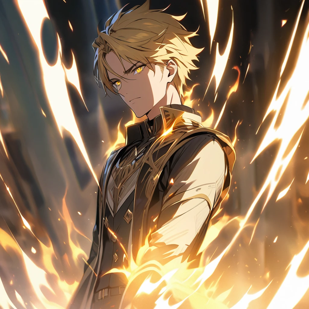 male, solo, handsome, blond hair, yellow eyes, light, aura, holo, golden