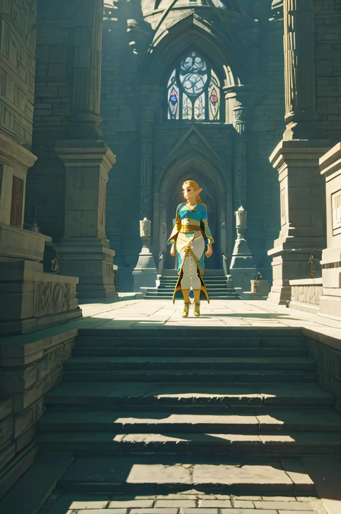 ((zelda)), 1 girl, beautiful face, Princess, wearing transparent white dress without underwear, full body view, long blonde hair, fantasy castle landscape, no underwear, slim body, long legs, wearing high heels, shiny skin