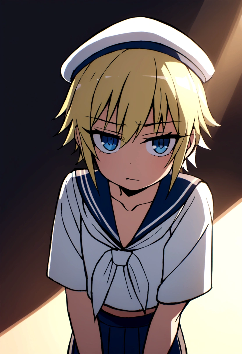 Blonde,wolf cut. Shota, sailor suit, sailor hat, blue eyes, tomboy, Naughty