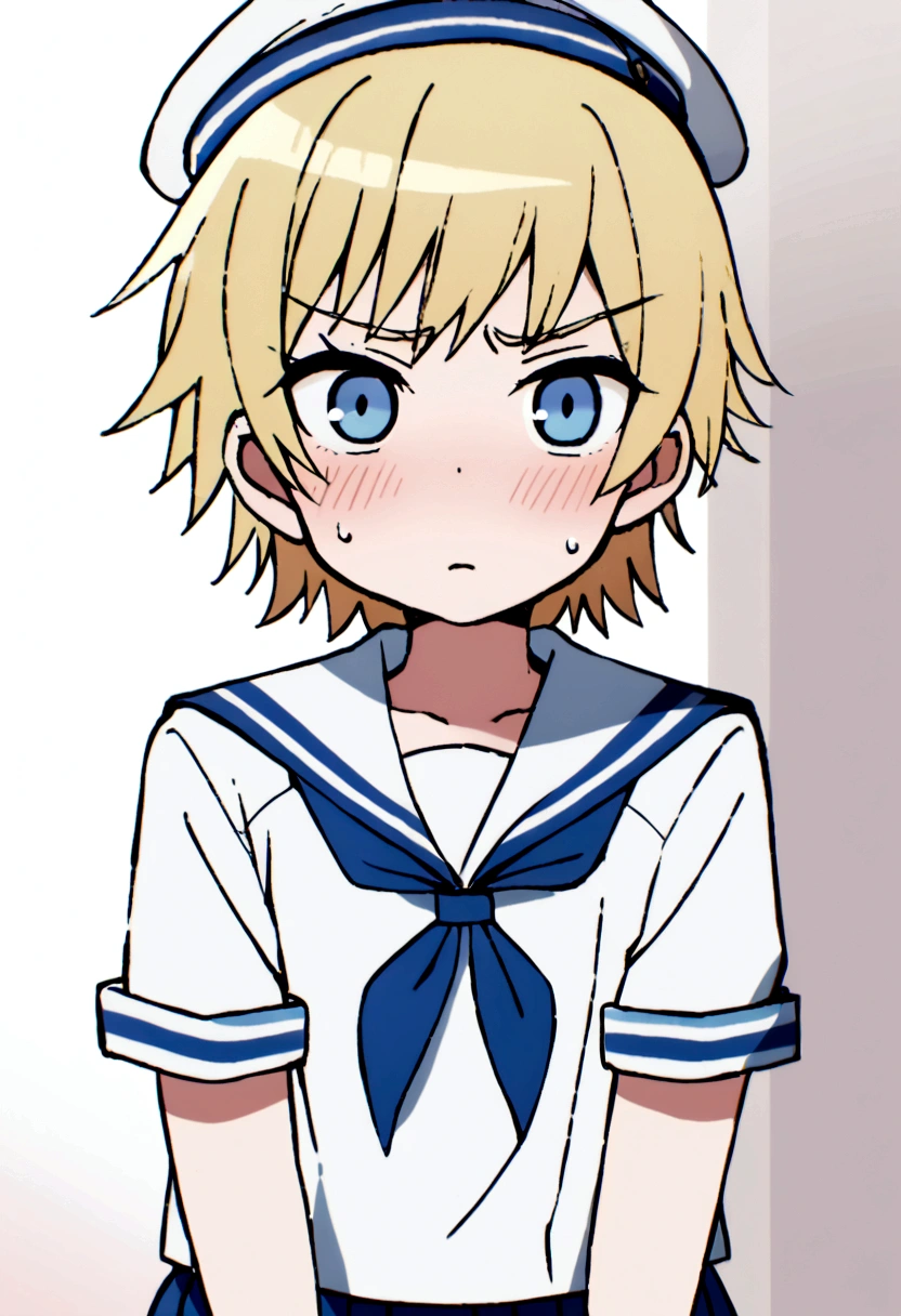 Blonde,wolf cut. Shota, sailor suit, sailor hat, blue eyes, tomboy, Naughty