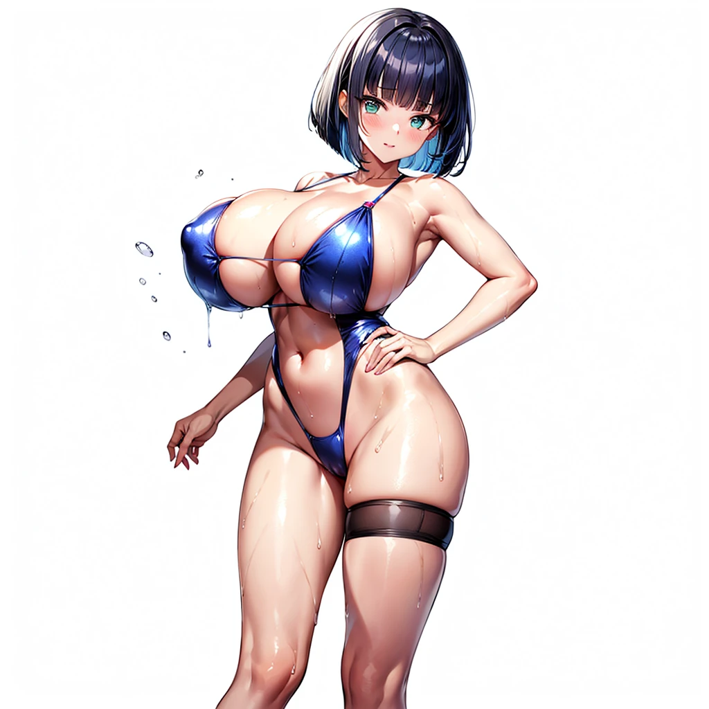 Metallic Colorful swimsuit,1girl,front view,Facing forward,looking at viewer,anime colored,full body,(gigantic breasts),wet,shiny Skin,{bob cut!!,blunt bangs,black Blue Hair},white background