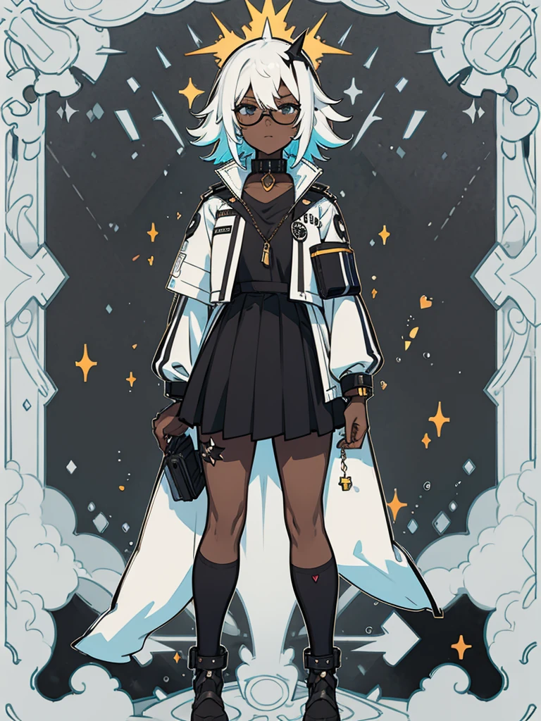 live2d, game cg, 2d, anime, 1girl, female, Feminine, full body, standing. straight-on, looking at viewer, white background, vtuber, vtuber-fullbody ,dark celestialskin body, void cosmic body, colored skin, flat color, jet black skin, silhouette,void limbs, black limbs, void arms, black arms, she has medium messy and fluffy hairstyle with round glasses on her face with a geeky design and white and black spiked collar on around her neck, she has a jacket with a black and white multicolored with a fluffy design on, she has additional accessories of broken chained ankle bracelets with a special star insignia on her body, standing up straight, desolate cityscape background, gray rain.