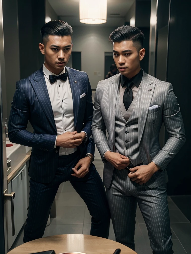 (Two 40ys asian handsome high fade hair hot gay men), malay in shiny pinstripes stripes sharp suit with silk tie, 8K, Ultra HD