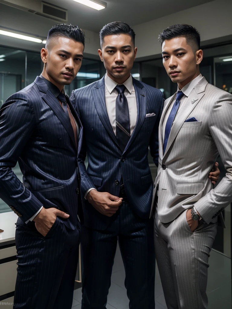 (Two 40ys asian handsome high fade hair hot gay men), malay in shiny pinstripes stripes sharp suit with silk tie, 8K, Ultra HD