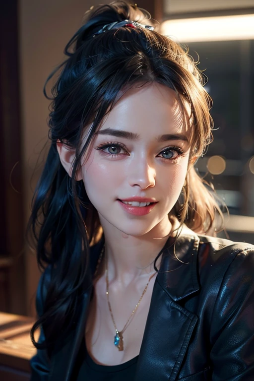 a gorgeous middle-aged busty woman, ponytail, blazer, beautiful smile showing teeth, pov, lover, cinematic lighting, (best quality,4k,8k,highres,masterpiece:1.2),ultra-detailed,(realistic,photorealistic,photo-realistic:1.37),HDR,UHD,studio lighting,ultra-fine painting,sharp focus,physically-based rendering,extreme detail description,professional,vivid colors,bokeh,portrait,photorealistic,cinematic,dramatic lighting