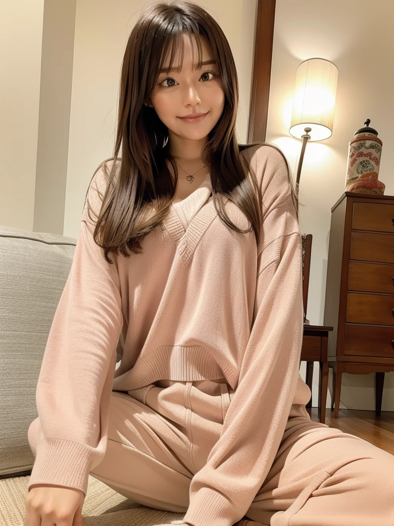 rie,One Woman,(best quality), (ultra detailed), (absolutely resolution),Face is front, 20-year-old, Spread your legs, Oversized tops and leggings, The color of the clothes is salmon pink., The pattern on the clothes is striped, Brown Hair, A luxurious suite with antique furniture