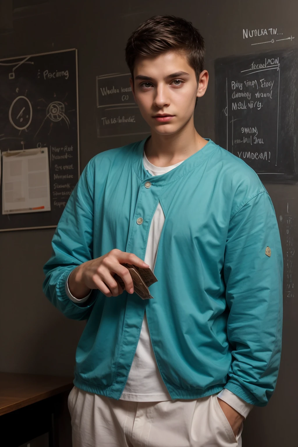 A beautiful young male twink, cute, with black hair, a face with reddish make-up, wearing a bright white long-sleeved shirt and aqua blue pants. He is in his office, and behind him is a blackboard on which is written the shape of the brain and its anatomy, from which nuclear energy emerges, and in his hand is a paper sheet with manuscripts on it.  The phrase “The Greatest Mind.”