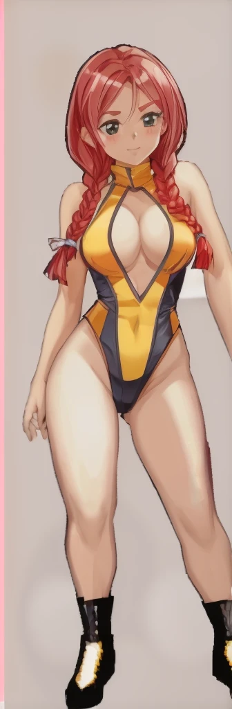 A beautiful woman with long, round hair, short braids and beautiful legs is standing in an orange high-cut leotard that accentuates her breasts.。