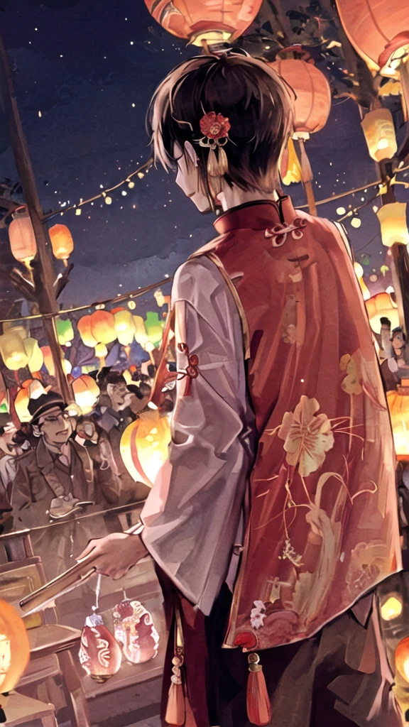 Atmosphere of the Chinese lantern festival,Fireworks,There are a lot of people.,Turn your back on the camera.