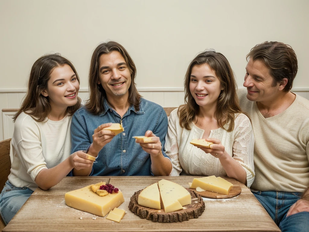 family of ((adult man and woman who are (over 45 years old)) and ((children boy and girl (12 years old each)) sitting at the table with food, Eating cheese, Warm and joyful atmosphere, shutterstock, stock image, stock image, stock image, promotional image, useful image, promotional photo, good morning, Family dinner, photo stop, delicious, cheese on the table, stock, artistic interpretation, slice of life, on trend, youtube thumbnail, portrait shot, Noon